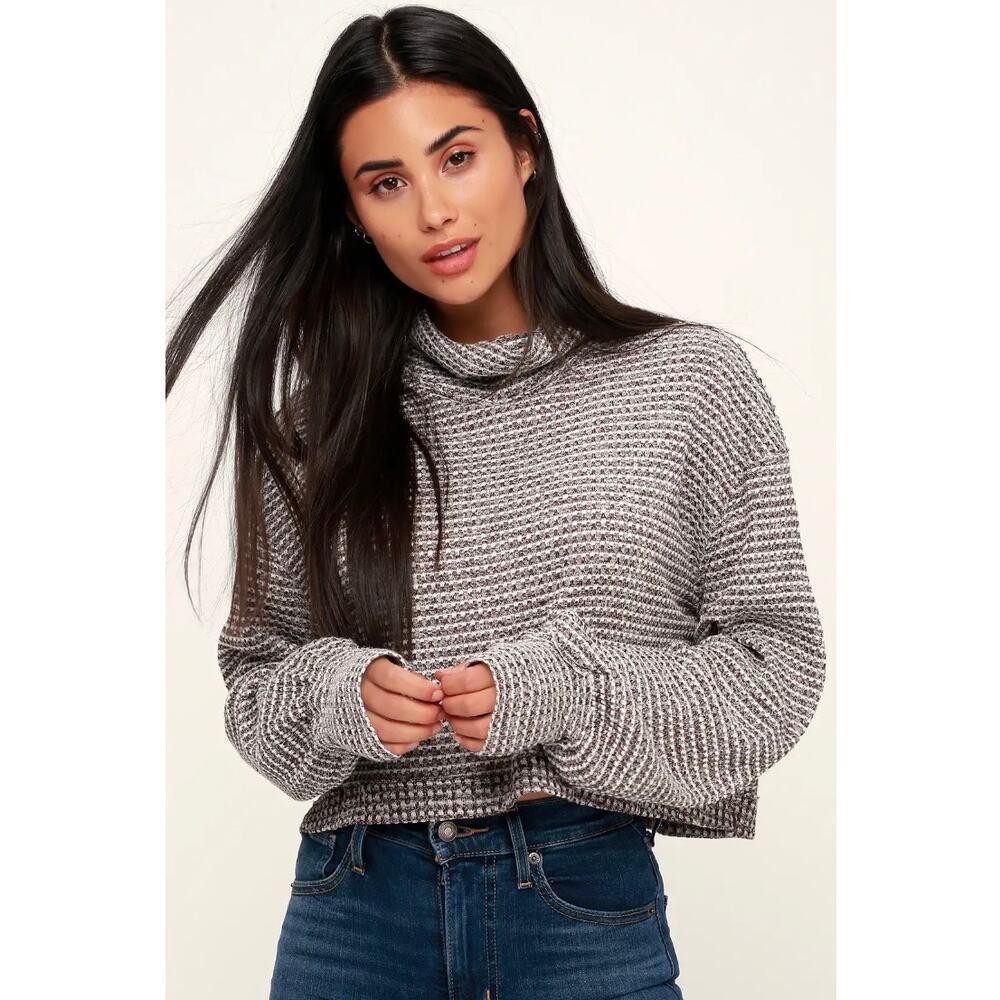 Free People BK Thermal Turtleneck Cropped Top‎ Wine Red White L